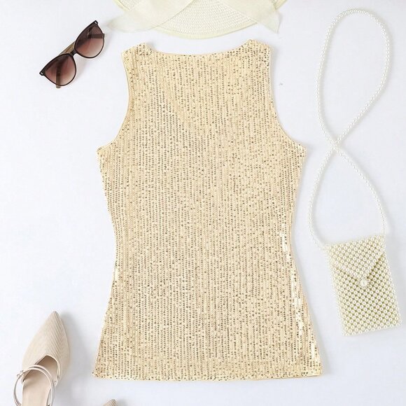 Gold Party Women's Sequin V-Neck Sleeveless Tank Top - Picture 3 of 8